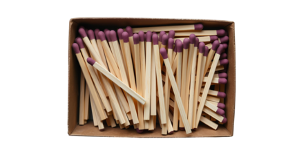 Photo of rectangular box filled with wooden matchsticks isolated on transparent background