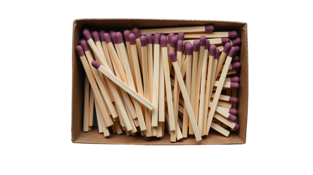 Photo of rectangular box filled with wooden matchsticks isolated on transparent background