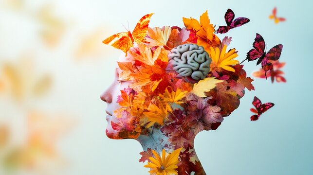 A vibrant and imaginative composition, blending nature with a human silhouette, showcasing a colorful explosion of flowers, butterflies, and a brain, symbolizing creativity.