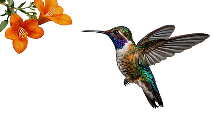 Obraz premium Hummingbird near Flower: A vibrant hummingbird hovers gracefully near a cluster of bright orange flower, poised to sip nectar, showcasing nature's beauty and delicate balance.