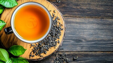 A beautifully arranged wooden serving board featuring a steaming cup of aromatic tea surrounded by fresh leaves and tea leaves, perfect for tea lovers and moments of relaxation.