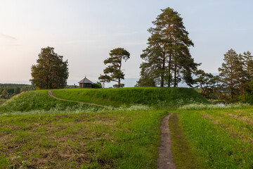 Rural summer landscape with an ancient Orthodox chapel. Savkina gorka