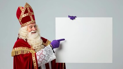 Sinterklaas, Dutch Saint Nicholas dressed in bishops red robe and decorative hat, pointing at blank white papier, placard. Celebration concept for children european party day five december.