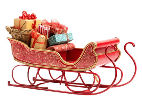 A festive red christmas sleigh filled with wrapped gifts and a basket on a white or transparent background scene