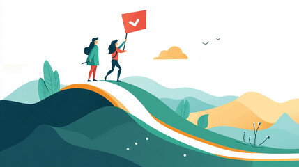 Corporate Man and Woman on Wavy Success Path – Flat Design with Goal Target on White Background.