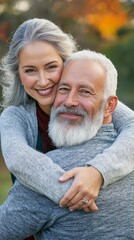 A joyful couple enjoys a beautiful outdoor moment, embracing with smiles. Their love and connection shine through, capturing the essence of companionship and happiness together.