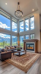 Luxurious living room with a cozy fireplace, large windows showcasing breathtaking mountain views, and an inviting atmosphere perfect for relaxation and entertainment.
