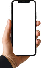 A vector illustration of a hand holding a modern smartphone with a blank screen, on a transparent background.