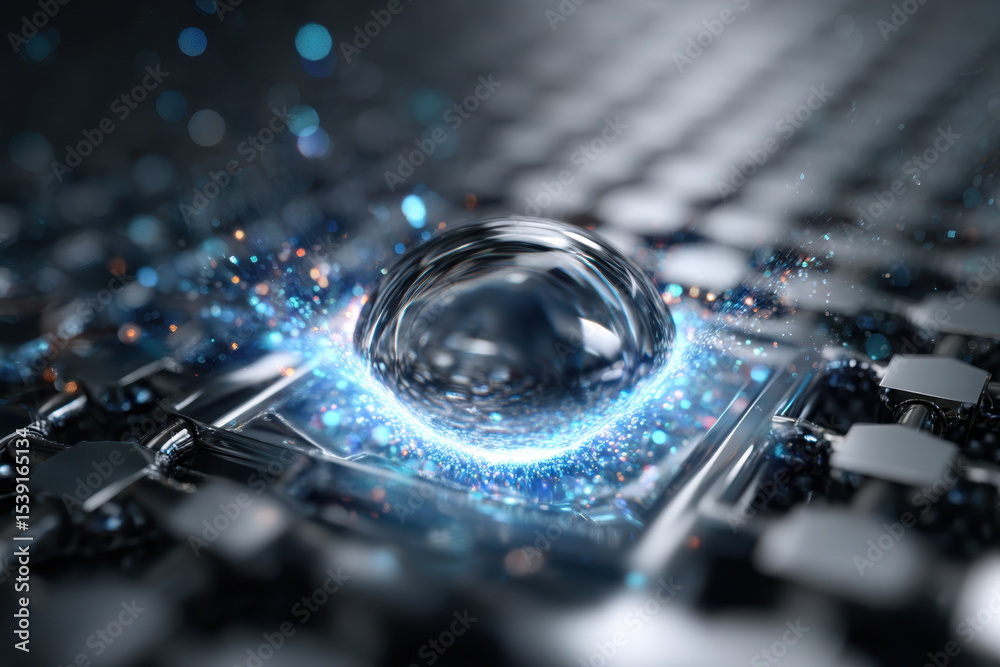 Poster droplet creating sparks on a textured surface with glowing particles in a dark setting