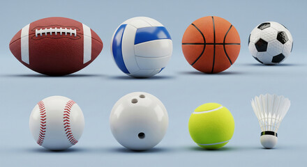 Fototapeta premium Collection of various sports balls on light-blue background, showcasing different sports and equipment, ideal for sports-related designs or presentations