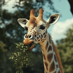 Obraz premium A giraffe eating leaves.