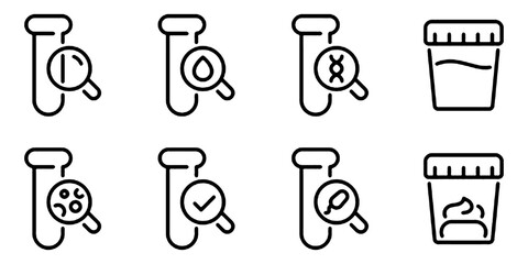 Medical laboratory blood, urine, sperm and stool test editable stroke outline icons set isolated on white background flat vector illustration.  © thrash