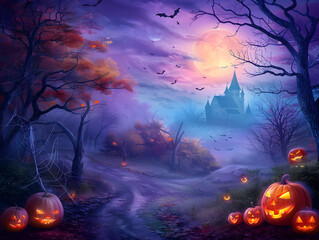 Halloween background with pumpkins. Spooky horror scene. Jack-o-lantern conceptual holiday background design