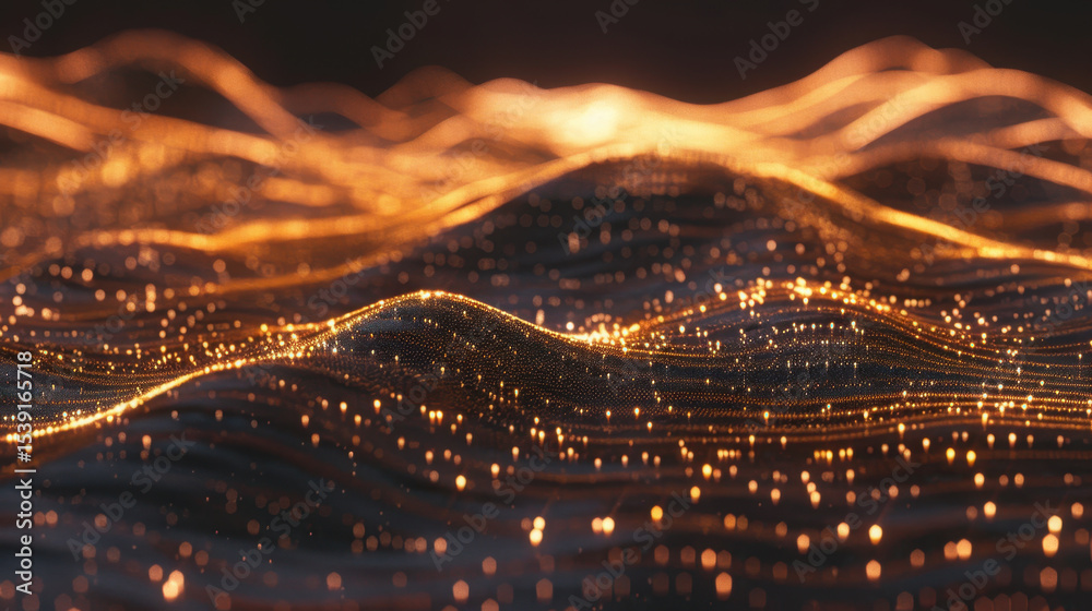 Poster elegant backdrop with glowing waves and shimmering particles creating mesmerizing visual effect