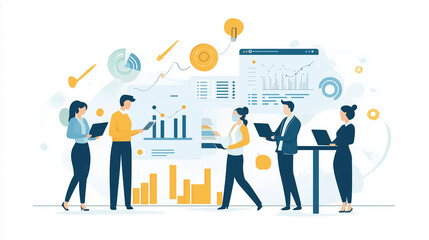 Business Team Collaboration and Data Analysis illustration.