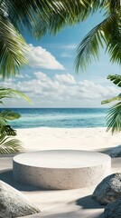 Discover a serene beach scene with a circular platform surrounded by lush greenery and gentle waves lapping at the shore under a bright blue sky; perfect for relaxation.
