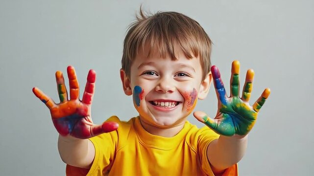 Enfant qui montre ses mains rempli de peinture, il rigole, et pivote sur un fond gris | IA / AI 