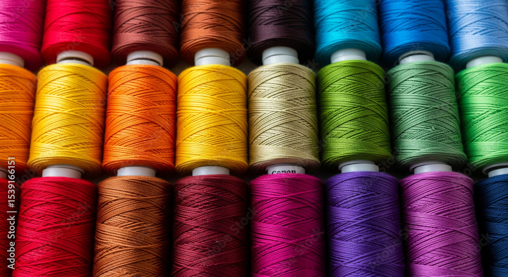 Poster colorful spools of thread arranged in rows, showcasing vibrant hues and textures, representing creat