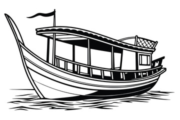 Striking Black and White Illustration of a Traditional Boat Floating Calmly on the Water with a Small Flag on Top