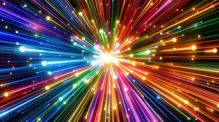 Vibrant light pulses radiate in colorful explosion, creating abstract digital background filled with energy and movement