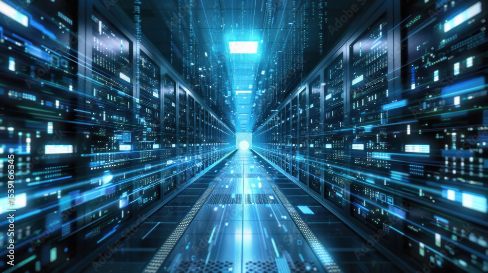 Poster digital light wave flowing through data center, simulating data transfer and connectivity in futuris