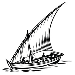 Monochromatic Illustration of a Traditional Dhow Sailing Boat with Figures on Wavy Water and a Large Triangular Sail