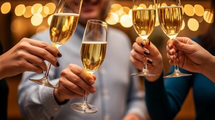 Group of friends celebrating New Years Eve with champagne glasses raised, surrounded by golden confetti and festive atmosphere, capturing joyful moments of togetherness and celebration