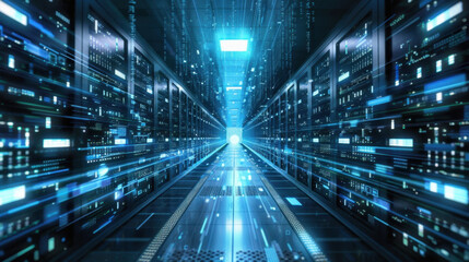 Digital light wave flowing through data center, simulating data transfer and connectivity in futuristic environment