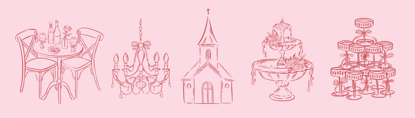 Hand drawn ink wedding venue icons. Romantic church, chandelier, table setting, cake, champagne tower for love story design, party menus, whimsical celebration cards. © VirinaDesign
