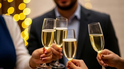 Group of friends celebrating New Years Eve with champagne glasses raised, surrounded by golden confetti and festive atmosphere, capturing joyful moments of togetherness and celebration - Powered by Adobe