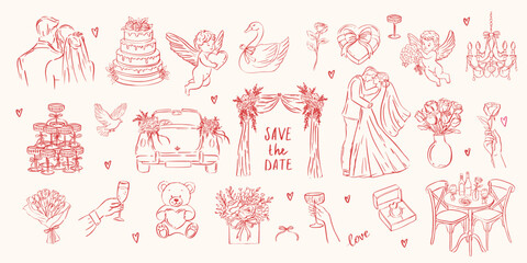 Hand drawn ink love and wedding symbols. Couple, hearts, flowers, teddy, angels, cake for romantic cards, decor, invites. French-inspired whimsical line art.