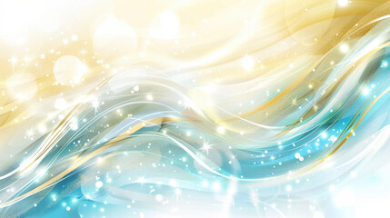 Soft golden and blue waves with glittery particles create serene and dreamy atmosphere, perfect for backgrounds or designs