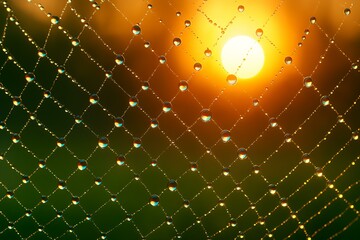 Water Droplets Trapped in a Spider Web at Sunrise