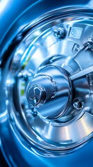 Close-up of a shiny, intricate car wheel center, showcasing its reflective surface and modern design features, exemplifying automotive engineering and craftsmanship in detail.