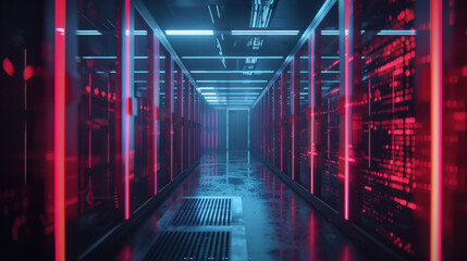 Fototapeta premium Futuristic data center corridor illuminated by vibrant red and blue lights, showcasing advanced technology and digital data flow