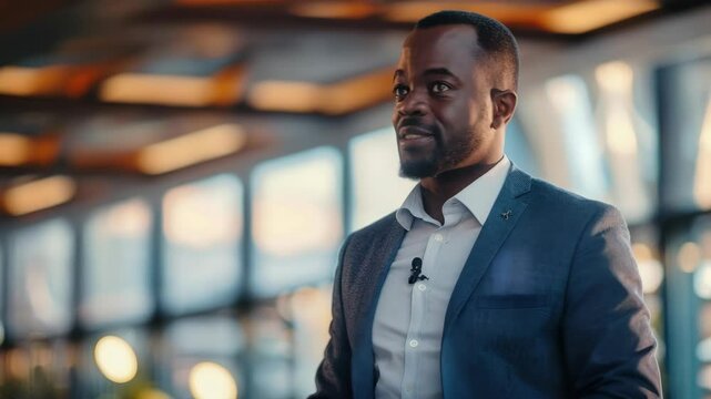 Man in suit giving speech from podium at conference, gesturing while discussing a topic.
