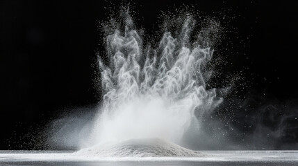 Cloud of white powder bursts dramatically against dark background, creating mesmerizing display of fine particles and dust. scene captures beauty