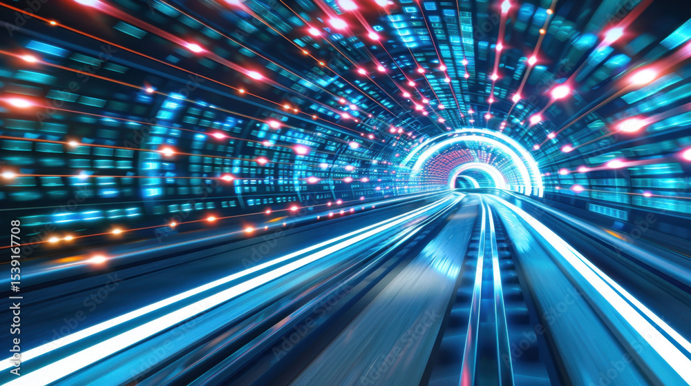 Poster dynamic neon data tunnel with animated motion lines, creating vibrant and futuristic atmosphere