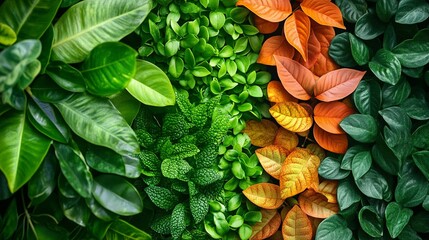 Lush greenery and vibrant leaves create a stunning visual symphony, showcasing nature's beauty with varying shades, from deep green to fiery orange hues, ideal for relaxation.