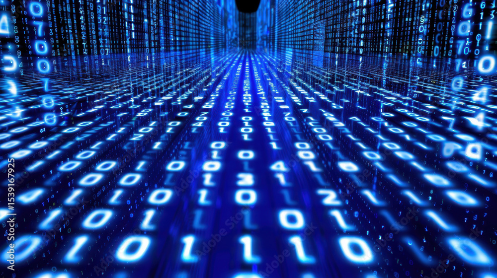 Poster digital data flows in vibrant blue environment, showcasing binary code in mesmerizing pattern. scene
