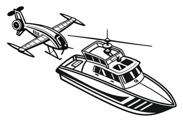 Monochromatic Cartoon Rendering of a Boat and a Helicopter Depicted in a Whimsical and Bold Line Art Style