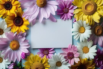 Beautiful top down composition with scattered flower petals and white card mockup, great for wedding invitations, love notes or seasonal greetings