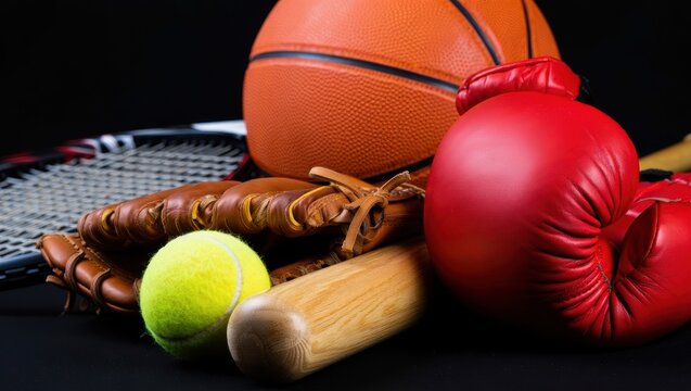 Various sports equipment including a baseball glove, bat, tennis racket, basketball, and boxing gloves are arranged together