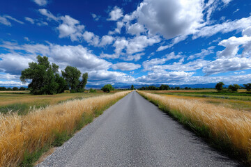 Wide open road stretching through fields under a dramatic sky with clouds
