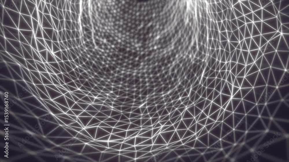 Poster monochrome digital mesh tunnel with glowing white triangle wireframes forming a dynamic data grid st