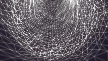 Monochrome digital mesh tunnel with glowing white triangle wireframes forming a dynamic data grid structure