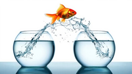 A goldfish leaps between two fishbowls, creating a water splash