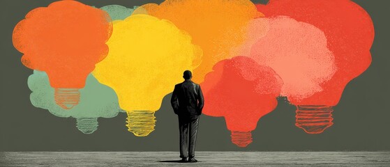 Innovation Technology Person standing before colorful light bulb ideas in a creative concept illustration.