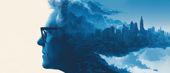 Innovation Technology Profile of a man blended with a cityscape, symbolizing dreams and urban life.