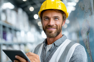 Construction worker using a tablet while smiling in a warehouse setting during daylight